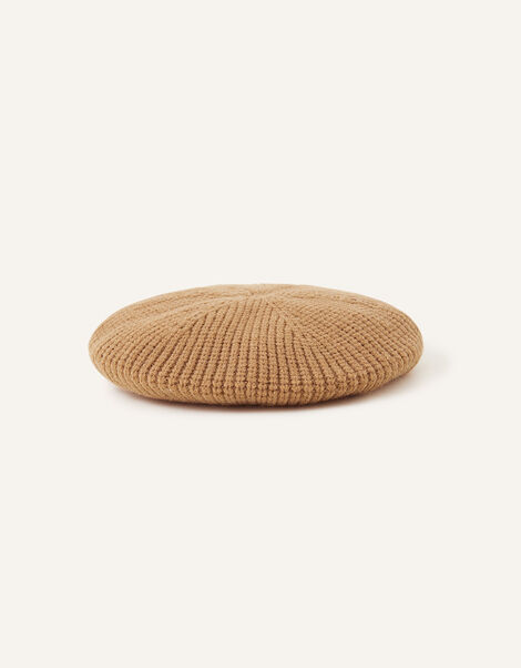 Ribbed Knit Beret, Camel (CAMEL), large