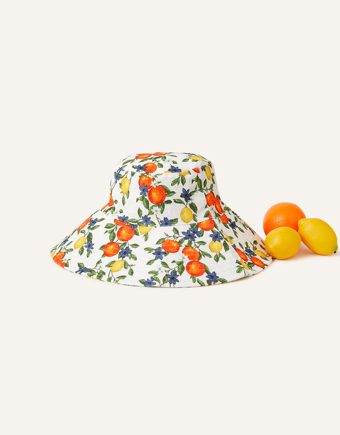 Orange and Lemon Print Bucket Hat in Linen Blend, , large