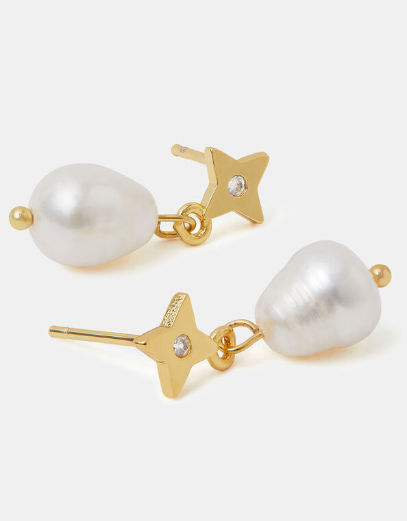 14ct Gold-Plated Star Pearl Drop Earrings, , large