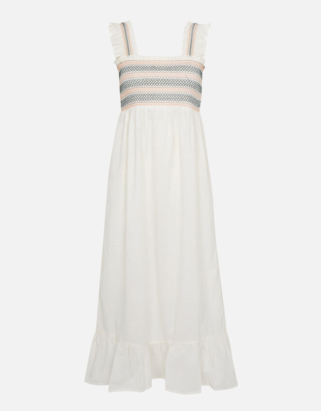 Ruffle Shoulder Smocked Midi Dress , Ivory (IVORY), large
