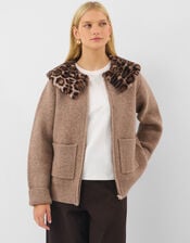 Faux Fur Leopard Print Collar Cardigan, Natural (NATURAL), large