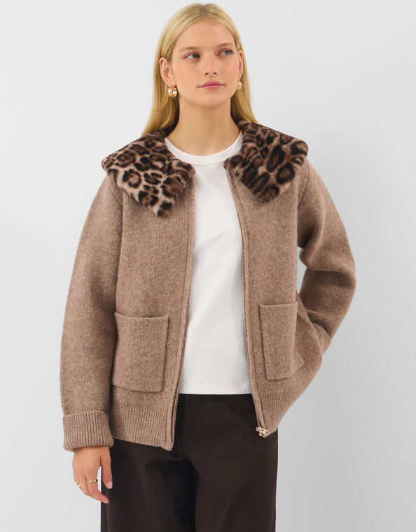 Faux Fur Leopard Print Collar Cardigan, Natural (NATURAL), large