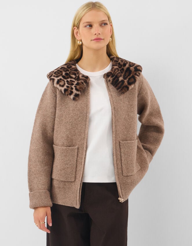 Faux Fur Leopard Print Collar Cardigan, Natural (NATURAL), large