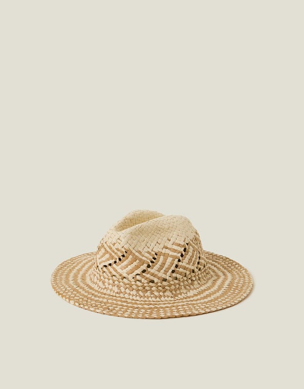 Two-Tone Woven Straw Fedora Hat, , large