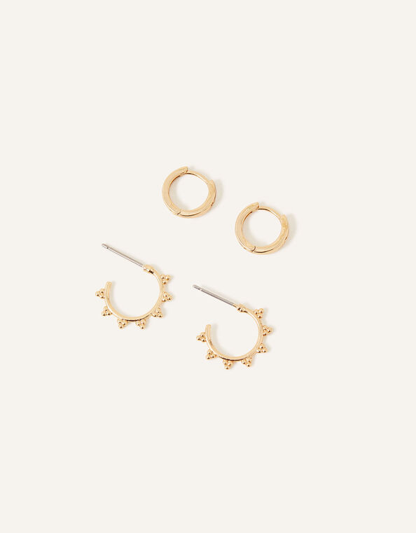 14ct Gold-Plated Beaded Hoop and Stud Set of Two, , large