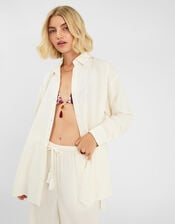 Long Sleeve Stripe Beach Cover Up Shirt, Ivory (IVORY), large