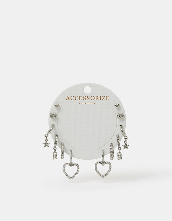 6-Pack Pavé Heart Stud and Hoop Earrings Silver, , large