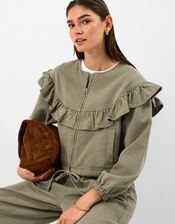 Ruffle Denim Jacket, Green (KHAKI), large