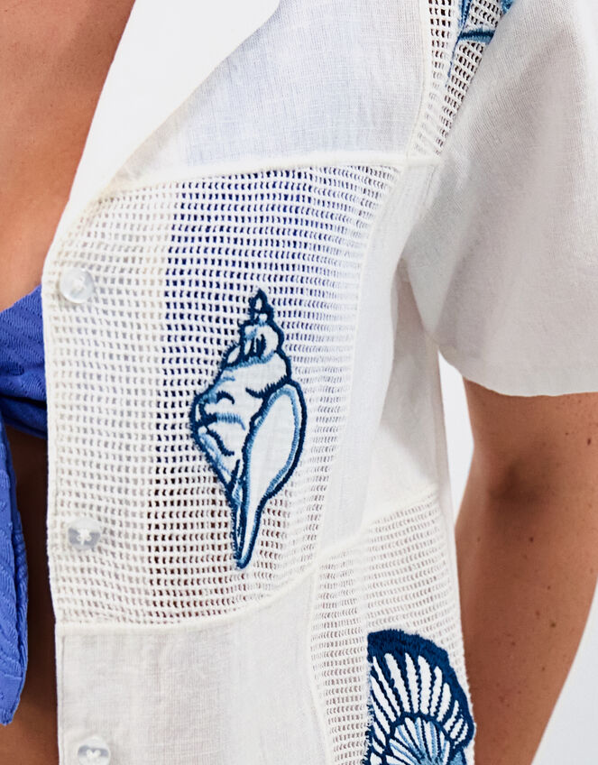 Shell Embroidered Patchwork Shirt, Ivory (IVORY), large