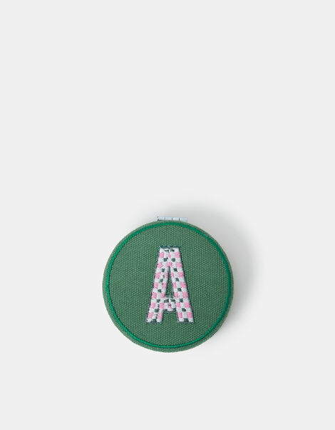 Initial Embroidered Compact Mirror, Green (GREEN), large