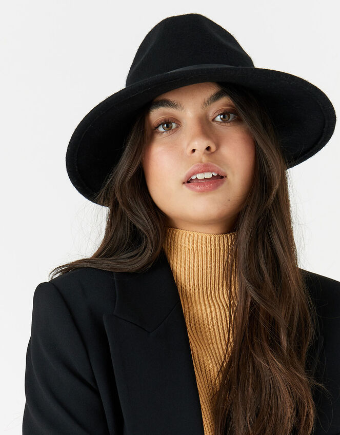 Mila Fedora Hat in Pure Wool, Black (BLACK), large