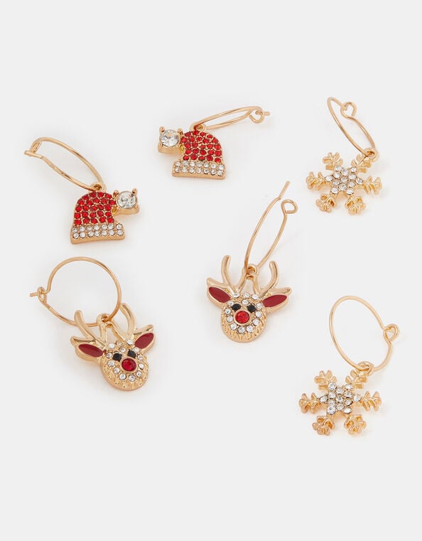 3-Pack Diamanté Christmas Charm Hoop Earrings, , large