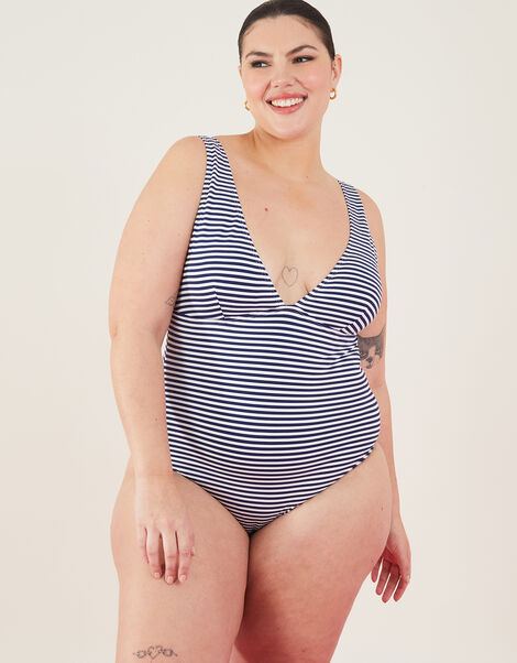 Texture Stripe Plunge Swimsuit Blue, Blue (NAVY), large