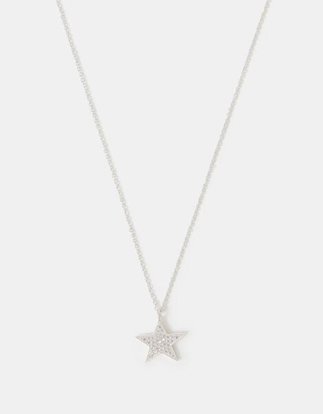 Sterling Silver Diamanté Star Pendant Necklace, , large