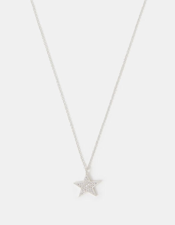 Sterling Silver Diamanté Star Pendant Necklace, , large