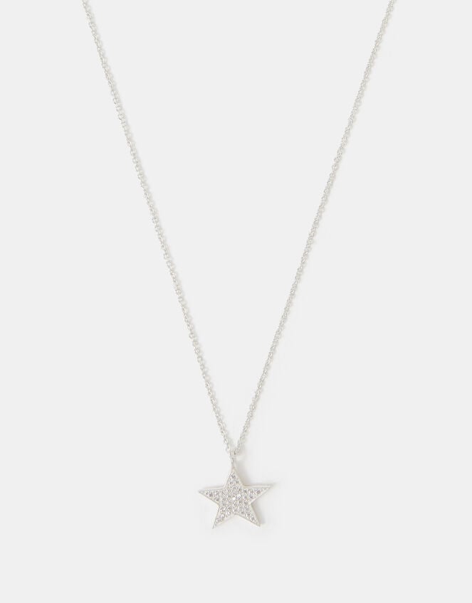 Sterling Silver Diamanté Star Pendant Necklace, , large