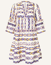 Printed Jacquard Flute Sleeve Dress, Yellow (YELLOW), large