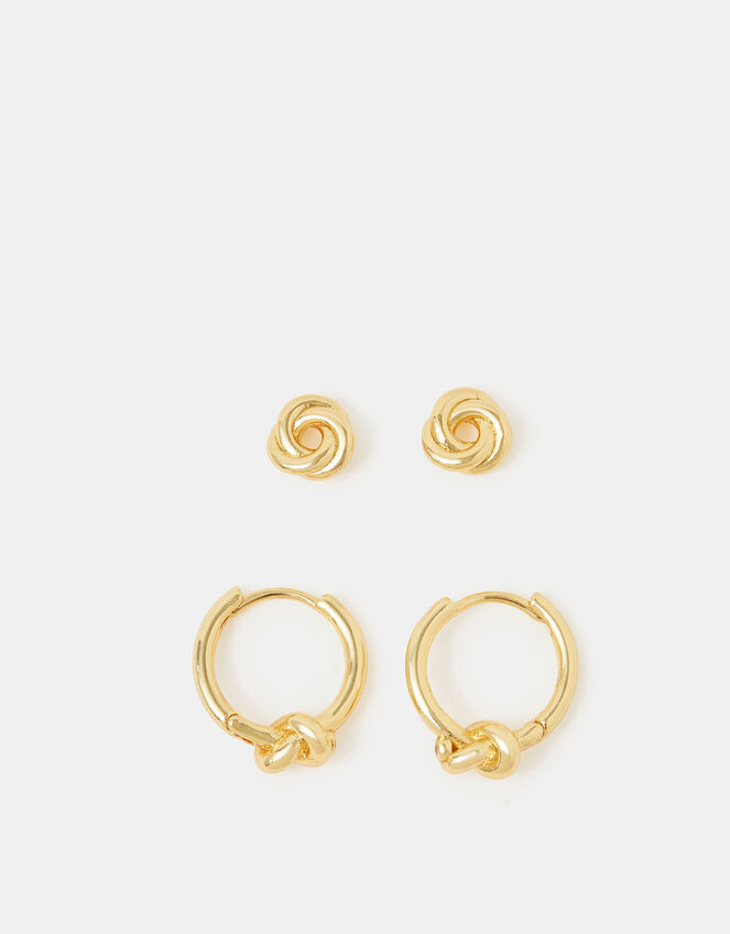 2-Pack 14ct Gold-Plated Knot Stud & Hoop Earrings, , large