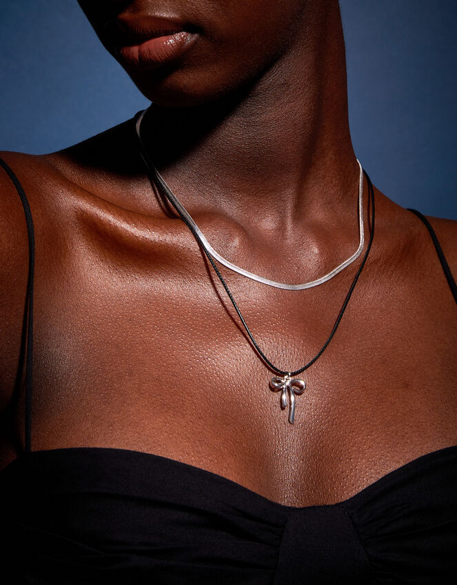 Sterling Silver-Plated Bow Cord Necklace, , large