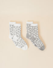 Snow Leopard Fluffy-Lined Cosy Socks Set of Two, , large