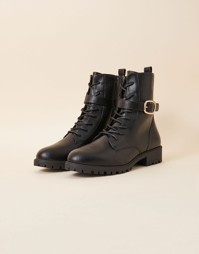 Lace Up Buckle Detail Boots, Black (BLACK), large