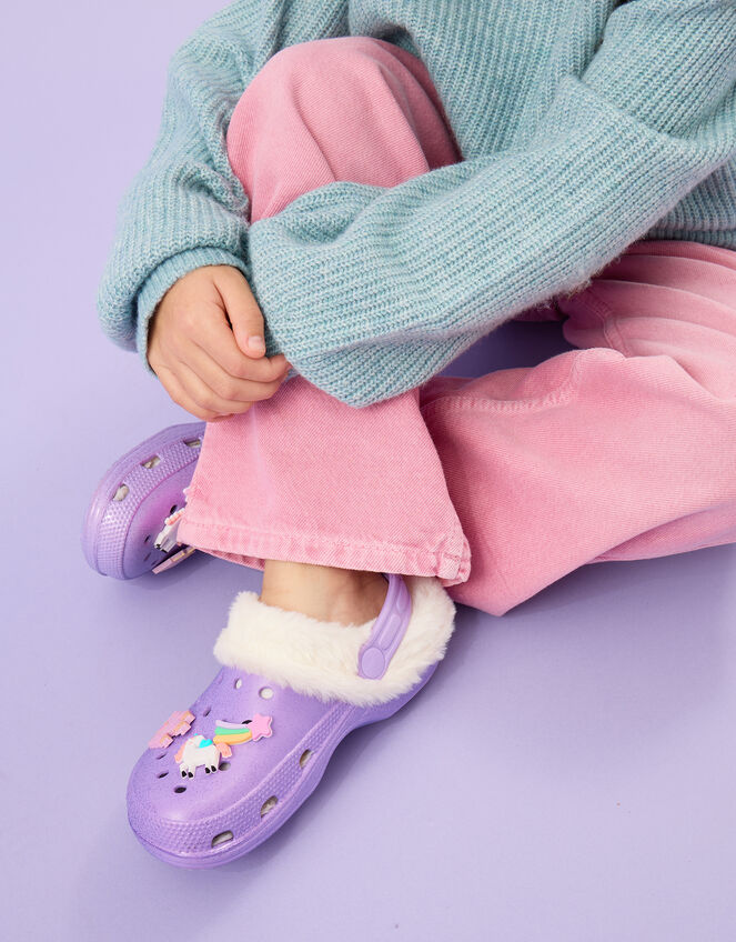 Girls Charm Faux Fur Lined Clogs, Purple (LILAC), large