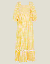Gingham Puff Sleeve Maxi Dress, Yellow (YELLOW), large