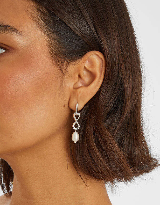 Sterling Silver-Plated Infinity Pearl Drop Earrings, , large