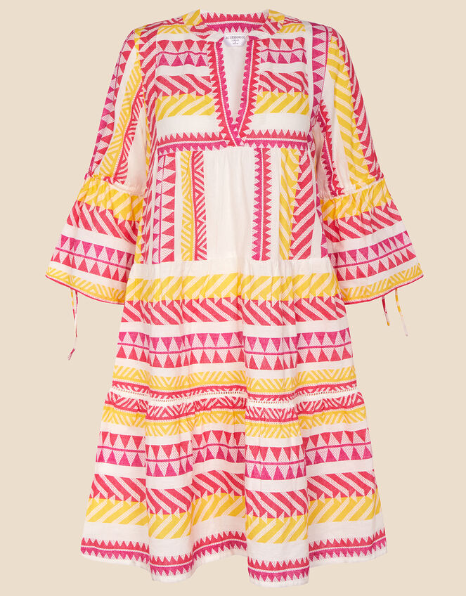 Print Jacquard Flute Sleeve Dress, Ivory (IVORY), large