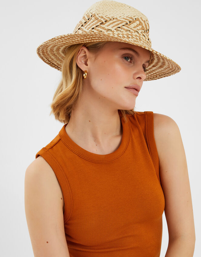 Two-Tone Woven Straw Fedora Hat, , large
