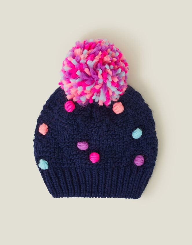 Girls Pom Pom Beanie Hat, Blue (NAVY), large