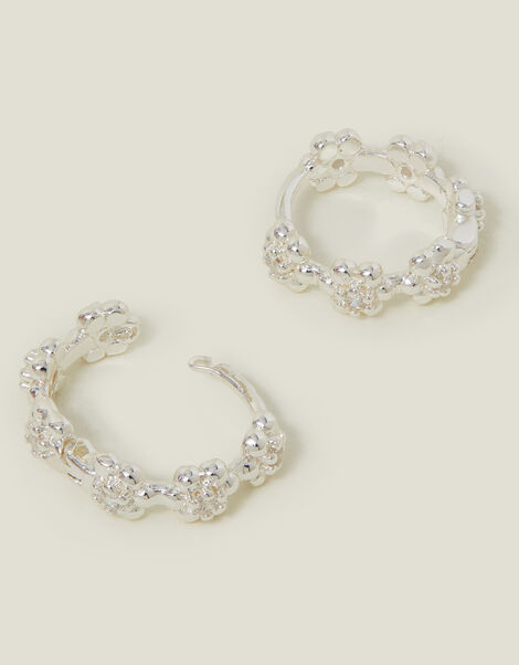 Sterling Silver-Plated Flower Sparkle Hoop Earrings, , large