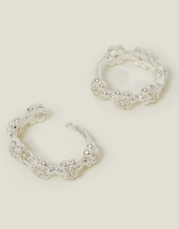 Sterling Silver-Plated Flower Sparkle Hoop Earrings, , large