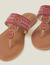 Decorative Bead Circle Flip Flop Sandals, Pink (PINK), large