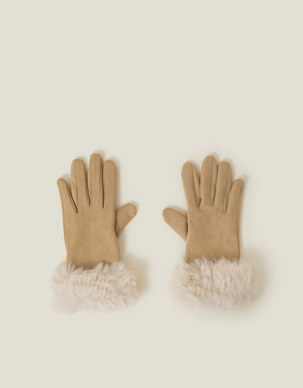 Suedette Faux Fur Cuff Gloves, Natural (NATURAL), large