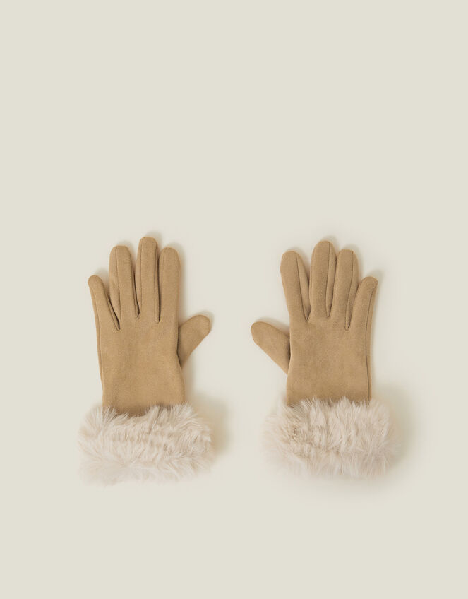Suedette Faux Fur Cuff Gloves, Natural (NATURAL), large