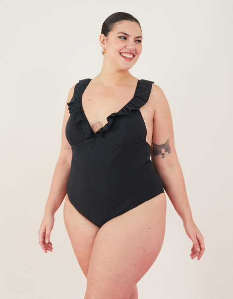 Exaggerated Ruffle Shaping Swimsuit, Black (BLACK), large