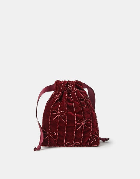 Embellished Bow Velvet Drawstring Bag, Red (BURGUNDY), large