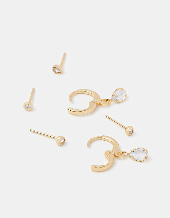 3-Pack 14ct Gold-Plated Pear Stud & Hoop Earrings, , large