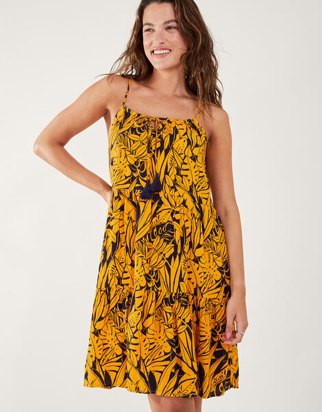 Leaf Print Mini Dress, Blue (NAVY), large
