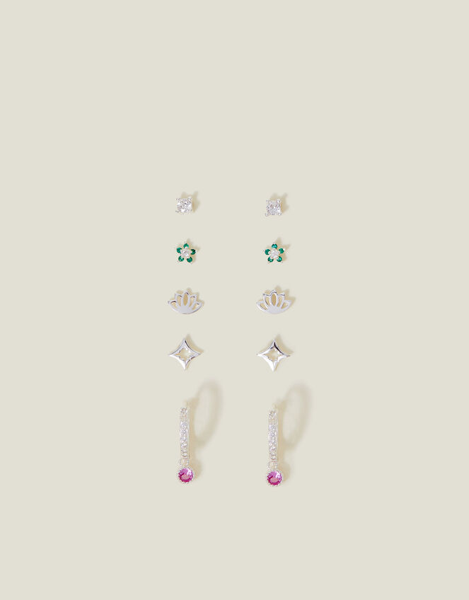 5-Pack Sterling Silver-Plated Sparkle Stud and Hoop Earrings, , large