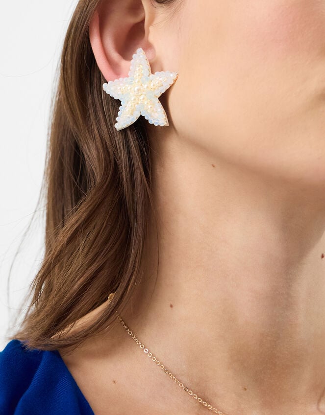 Beaded Starfish Statement Stud Earrings, , large