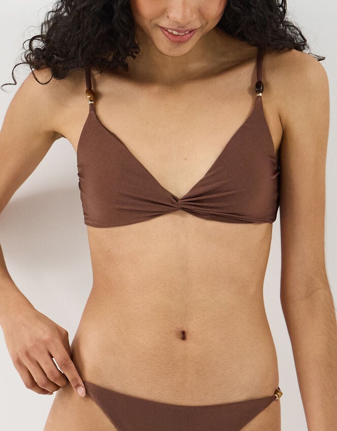 Twist Front Beaded Strap Bikini Top, Brown (BROWN), large