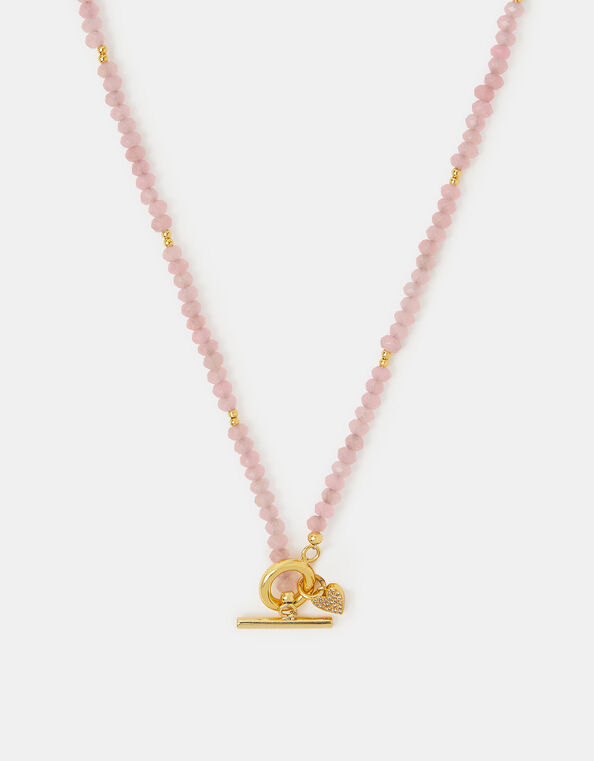 14ct Gold-Plated Healing Stone Bead T-Bar Necklace, Pink (ROSE PINK), large
