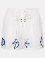 Shell Embroidered Patchwork Shorts, Ivory (IVORY), large