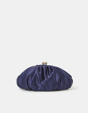 Ruched Satin Clip Frame Clutch Bag, Blue (NAVY), large