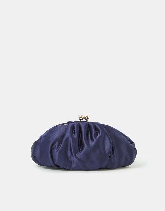 Ruched Satin Clip Frame Clutch Bag, Blue (NAVY), large
