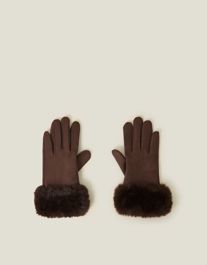 Suedette Faux Fur Cuff Gloves, Brown (BROWN), large