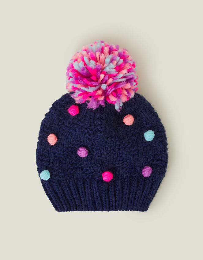 Girls Pom Pom Beanie Hat, Blue (NAVY), large