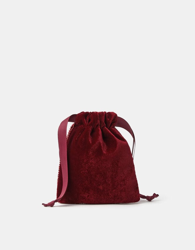 Embellished Bow Velvet Drawstring Bag, Red (BURGUNDY), large